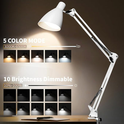 Swing Arm Desk Lamp with Clamp, Adjustable Arm LED Clamp on Desk Lamps with 5 Color Modes and 10 Brightness for Home Office Reading Drafting Study (White)