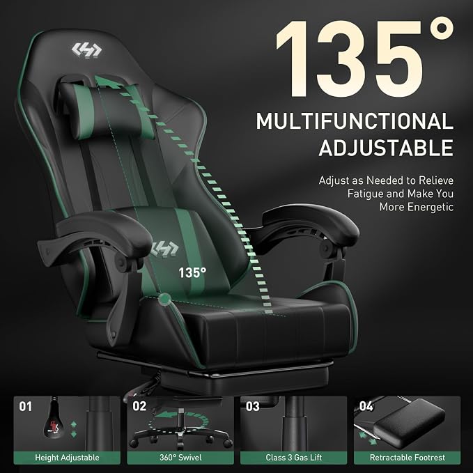 HLDIRECT Gaming Chair, Ergonomic Computer Office Chair with Lumbar Support Footrest Headrest, Adjustable Height & Backrest Angle Video Gamer Chair, PU Leather, 360° Swivel, Adult (Black&Green)