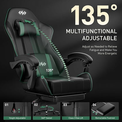 HLDIRECT Gaming Chair, Ergonomic Computer Office Chair with Lumbar Support Footrest Headrest, Adjustable Height & Backrest Angle Video Gamer Chair, PU Leather, 360° Swivel, Adult (Black&Green)