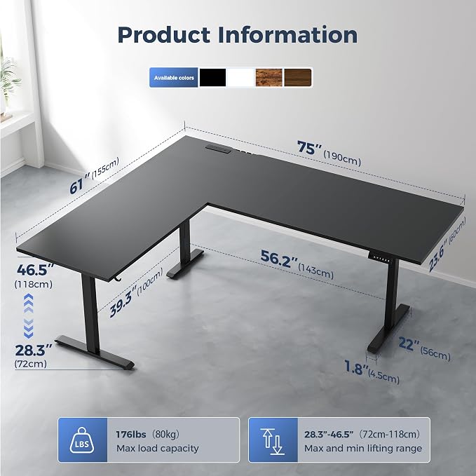 Klicelor L Shaped Standing Desk 75 x 61 Inch,Electric Height Adjustable Corner Desk with Cable Management & Power Outlets, Ergonomic Sit Stand Up Computer Table for Home Office,Black