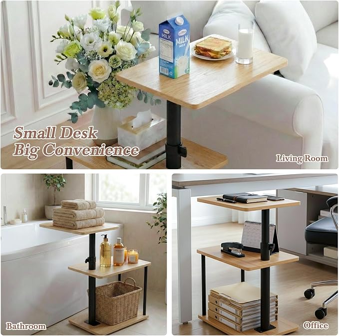 Faesun 360° Swivel Side Table for Height Adjustable, C Shaped End Table for Couch with Storage, 3-Tier Night Stand with Open Shelf, Tv Tray for Small Spaces, Living Room, Bedroom, Oak
