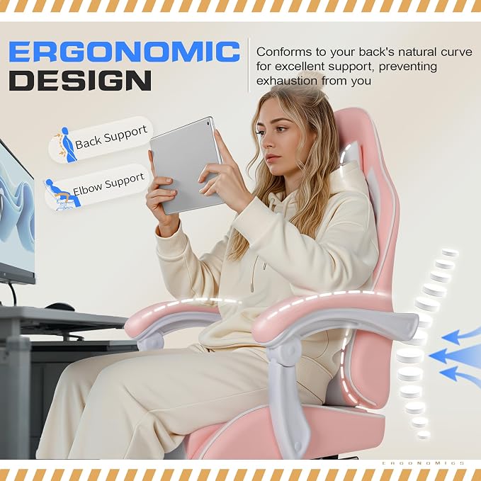 Shahoo Gaming Chair with Footrest and Massage Lumbar Support, Video Racing Seat Height Adjustable with 360° Swivel and Headrest for Office or Bedroom, Light Pink