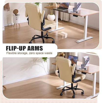 Leather Executive Office Chair - Ergonomic Computer Chair with Flip-up Arms Comfy PU Leather Home Desk Chairs Mid Back Support Adjustable Height Tilt Lock Swivel Rolling Wheels, Beige