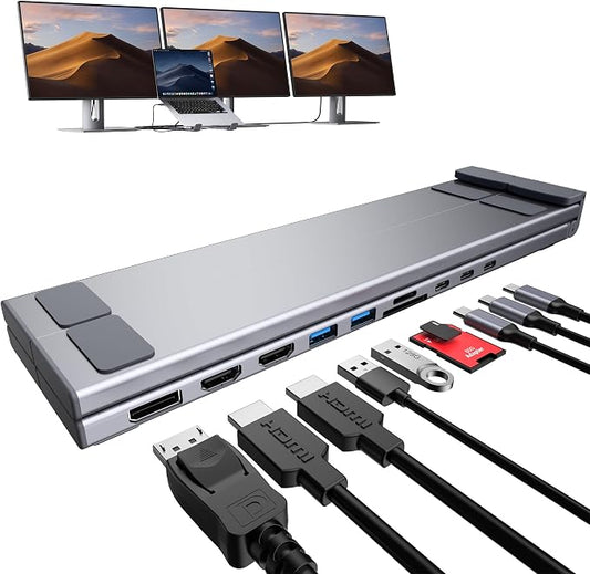 USB C Laptop Docking Station Stand 3 Monitors 4K@60Hz, 10 in 1 USB C Hub with Dual HDMI+DP, 2*USB 3.0, PD 100W, USB C 3.0, SD/TF, Dock Station for MacBook Pro/Air/Dell/HP/Surface/Lenovo