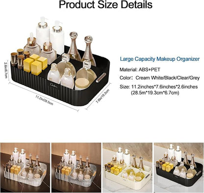 DASITON Large Capacity Makeup Organizer,12 Slots Makeup Brush Holder,Makeup Storage with Handle,Vintage Striped Cosmetic Organizer for Bathroom Countertops,Desk Storage Container(Black)