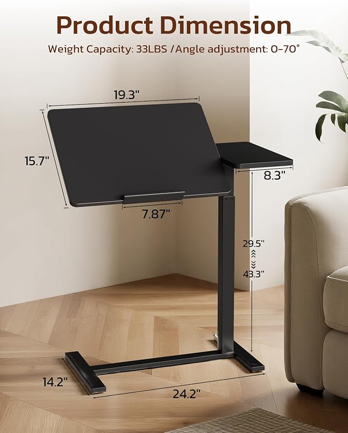 Simple Deluxe Standing Rolling Desk with Hidden Casters, Height Adjustable Pneumatic Mobile Laptop Desk, Tilting Bedside Table for Laptop, Overbed Bedside Table Hospital Home Use, Black