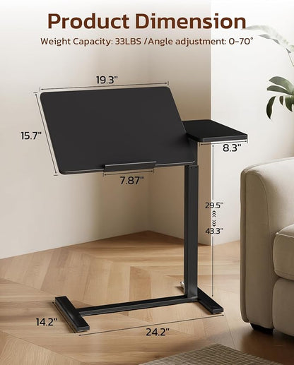 Simple Deluxe Standing Rolling Desk with Hidden Casters, Height Adjustable Pneumatic Mobile Laptop Desk, Tilting Bedside Table for Laptop, Overbed Bedside Table Hospital Home Use, Black