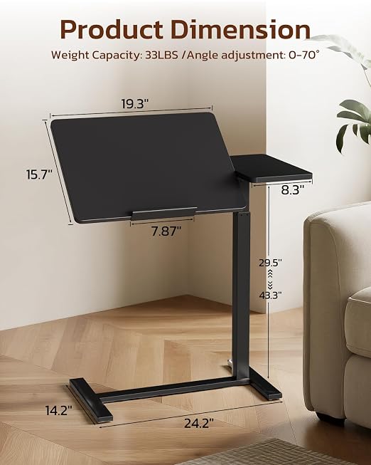 Simple Deluxe Standing Rolling Desk with Hidden Casters, Height Adjustable Pneumatic Mobile Laptop Desk, Tilting Bedside Table for Laptop, Overbed Bedside Table Hospital Home Use, Black