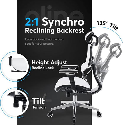 Oline ErgoPro Ergonomic Office Chair with 4D Adjustable Armrest, 3D Lumbar Support and Blade Wheels - Mesh Computer Gaming Rolling Desk Executive Swivel Home Chair (White)