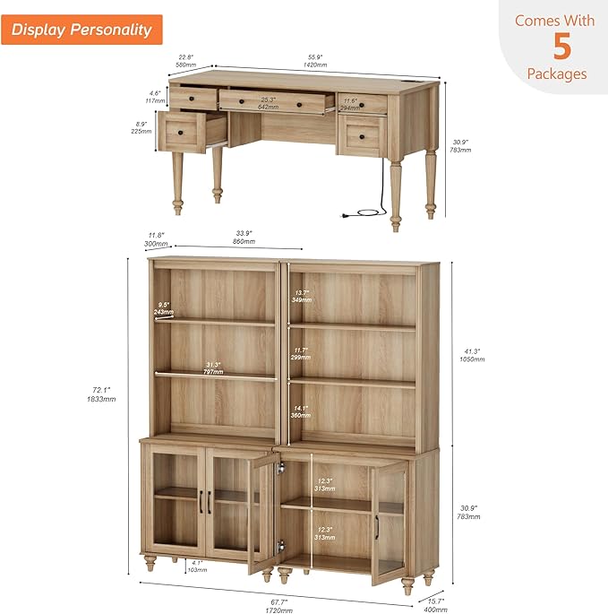 WAMPAT Home Office Furniture Set, 56'' Executive Desk with Charging Station, 72" Tall Bookcase with 4 Glass Doors, Wood Computer Desk with File Cabinet Storage, Open Shelf, Oak