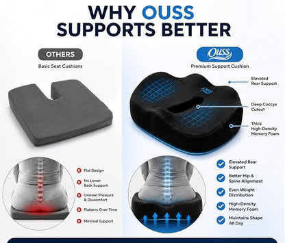 Seat Cushion, for Office Chairs, Coccyx & Tailbone Pain Relief, Ergonomic Design, Memory Foam, Non-Slip Washable Cover, for Office, Car, Wheelchair, Gaming