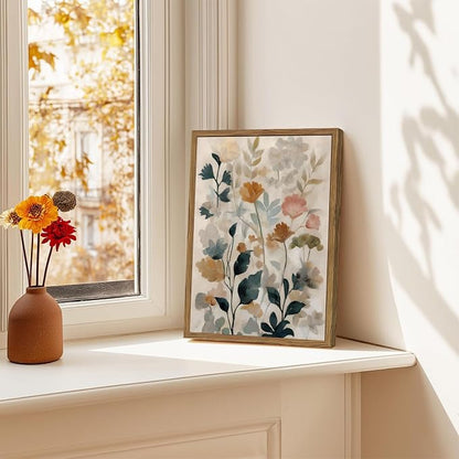 Framed Floral Bathroom Wall Art, Vintage Botanical Wall Decor Pictures, Watercolor Wildflower Canvas Prints Paintings Neutral Antique Flower Plant Home Decor for Living Room Bedroom 12x16 Inch