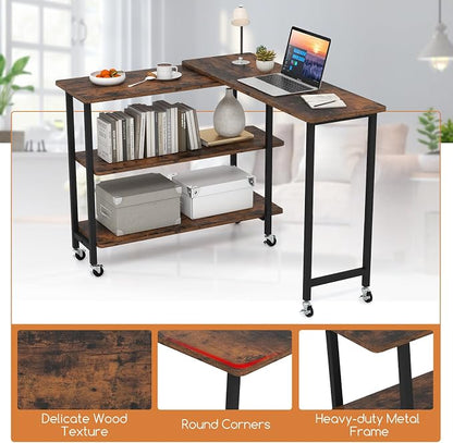 GOFLAME 360° Rotating Sofa Side Table, Mobile Couch Side End Table with 2-Tier Shelves, Swivel Rolling Desk w/Metal Frame, 6 Casters, Movable Laptop Table for Home Office, Patented, Rustic Brown