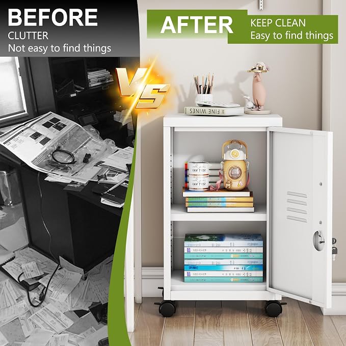 pozdeg 24.4" H Metal Storage Locker with Wheels, Single Door Lockable Steel File Cabinet with Adjustable Shelf, Anti-Theft Locker for Home, Office, School, Gym Organizer, White
