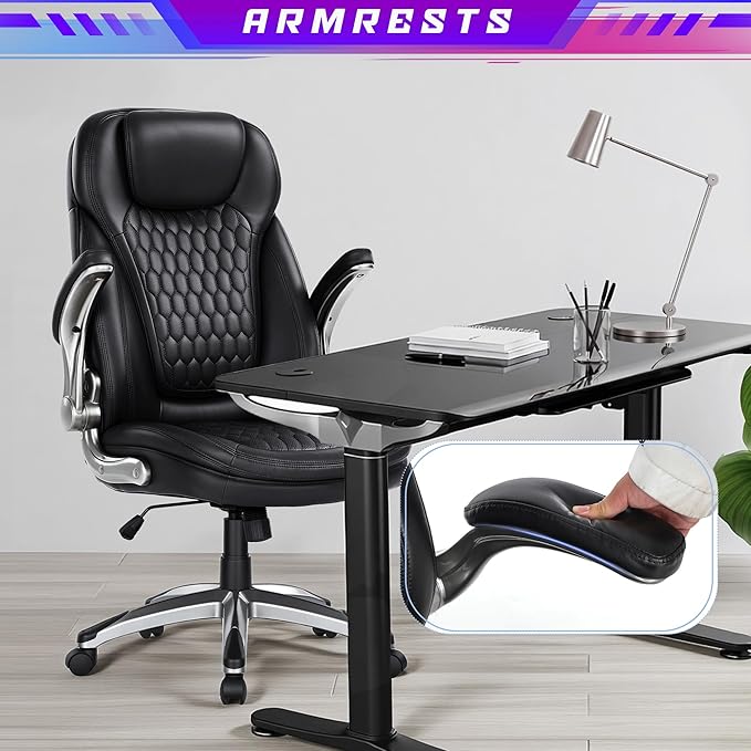Ergonomic Executive Office Chair, High Back Leather Desk Chair with Flip-up Arms and Adjustable Height, Swivel Rolling Computer Chair with Heavy Duty Metal Base,300lbs,Black for Home Office or Study