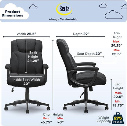 Serta Connor Executive Office Chair, Ergonomic Computer Chair with Layered Body Pillows, Contoured Lumbar, Adjustable Seat, Microfiber Fabric, Black
