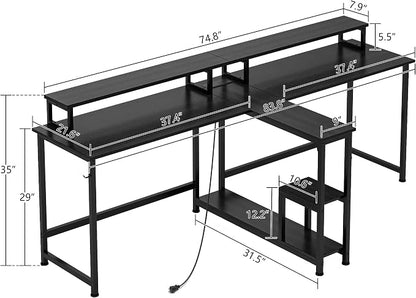 Mexin 83.7 Inch Two Person Desk with Storage Shelves and Power Outlets, Double Desk with Monitor Stand, 2 Person Writing Study Table Workstation for Home Office, Black