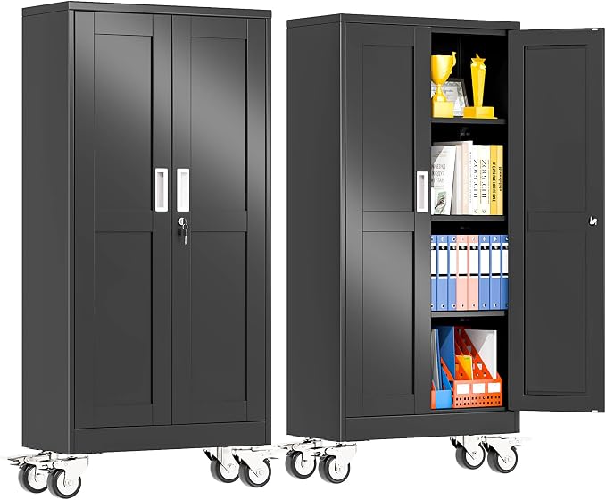 pozdeg 61" Metal Garage Storage Cabinets with Wheels, Lockable Rolling File Cabinets with 2 Doors and 3 Adjustable Shelves, Steel Tool Organizer Locker for Office Home Garage Gym School, Black