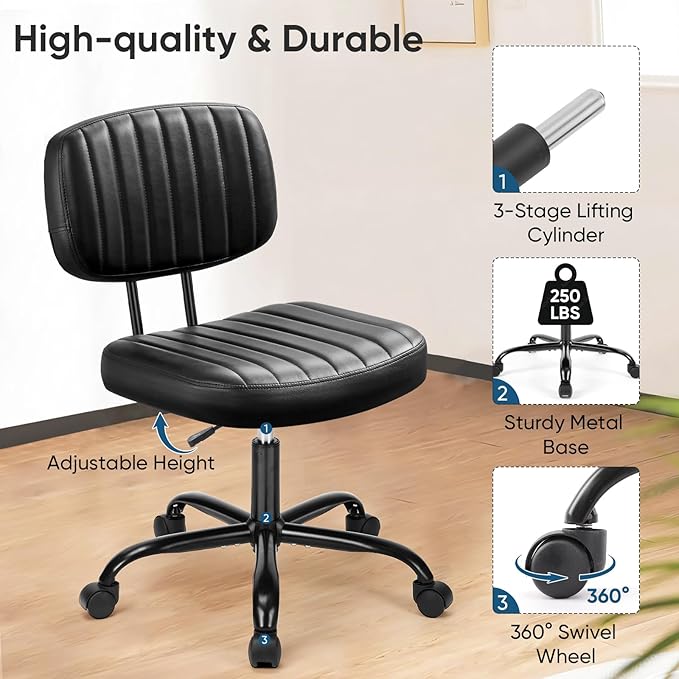 DUMOS Small Armless Home Desk Chair with Low Back Lumbar Support, Height Adjustable PU Leather Computer Task Chair with 360° Swivel Wheels, for Small Space, Adults, New Black