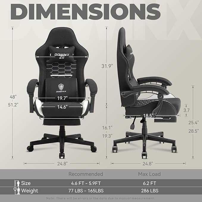 Dowinx Gaming Chair Fabric with Pocket Spring Cushion, Massage Game Chair Cloth with Headrest, Ergonomic Computer Chair with Footrest 290LBS, Black White