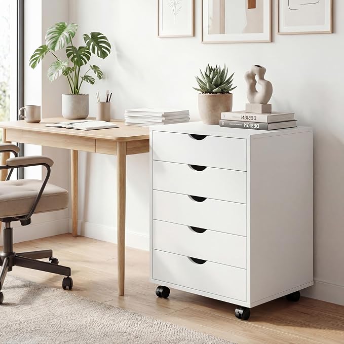 Mobile File Cabinet Under Desk, 5 Drawer Storage Organization with Wheels, Vertical Filing Chest Rolling Wood Small Desk Printer Stand for Home Office, 15.75" D x 18.74" W x 25.39" H