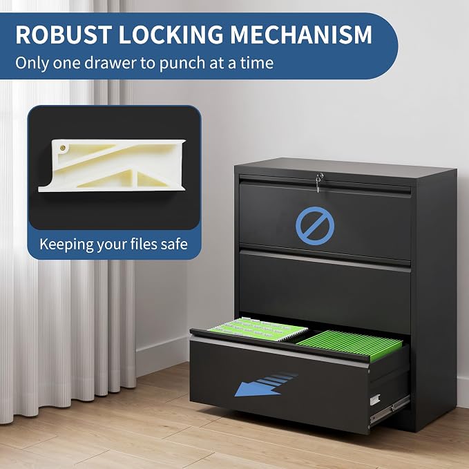 3 Drawer File Cabinet with Lock, Black Metal Lateral Filing Cabinets for Home Office, Heavy Duty Steel Horizontal Locking Storage Cabinet for Legal/Letter/A4 Size File, Assembly Required