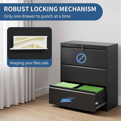 3 Drawer File Cabinet with Lock, Black Metal Lateral Filing Cabinets for Home Office, Heavy Duty Steel Horizontal Locking Storage Cabinet for Legal/Letter/A4 Size File, Assembly Required