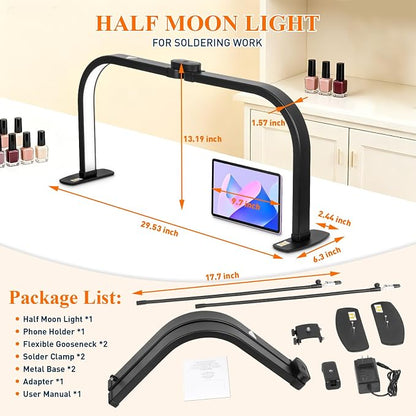 Half Moon Nail Light for Desk with Soldering Clips & Phone Holder, 30In Foldable LED Arch Tech Lamp for Fingernail Art Jewelery Craft Card DIY, 2700LM Multiple Brightness 3000-6000K