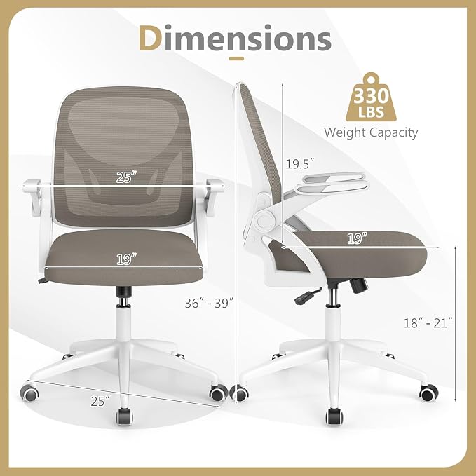 Giantex Mesh Office Chair, Ergonomic Desk Chair with Flip-up Arms & Lumbar Support, Height Adjustable Swivel Computer Desk Chair with High Back for Home Office (Khaki)