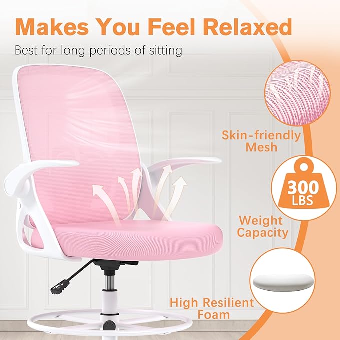 ORRSAKER Drafting Chair, Tall Office Chair with Flip-up Arms, Mesh Ergonomic Computer Standing Desk Chair with Adjustable Height Foot Ring and Lumbar Support, 300 LBS Capacity, Pink