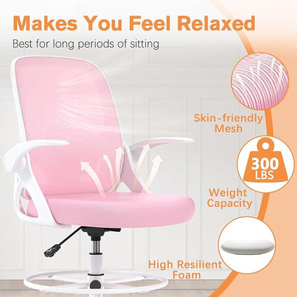 ORRSAKER Drafting Chair, Tall Office Chair with Flip-up Arms, Mesh Ergonomic Computer Standing Desk Chair with Adjustable Height Foot Ring and Lumbar Support, 300 LBS Capacity, Pink