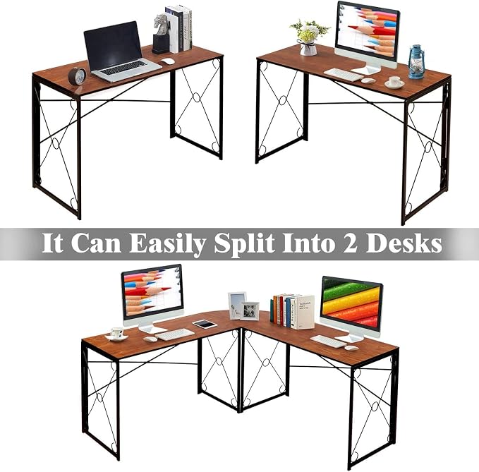 VECELO 59" L Shaped Computer Desk, Corner Computer Desk, Sturdy Home Office Computer Table for Small Space, Writing Desk, Larger Gaming Desk Workstation, Brown
