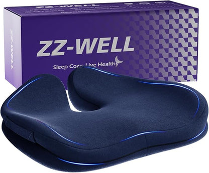 ZZ-WELL Seat Cushions for Office Chairs, Patented Pressure Relief Coccyx Cushion for Tailbone Pain, Memory Foam Butt Pillows for Wheelchair Car Sitting, Carrying Handle, Non-Slip (Navy Blue, Large)