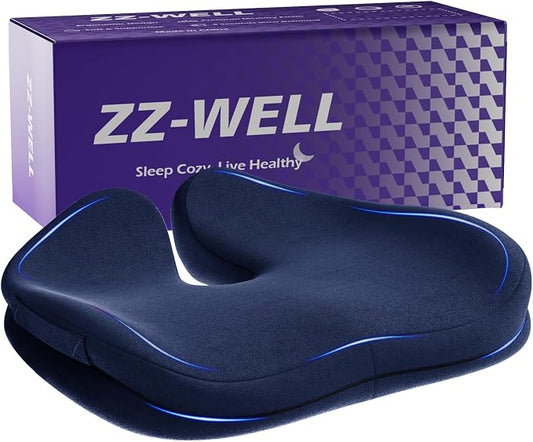 ZZ-WELL Seat Cushions for Office Chairs, Patented Pressure Relief Coccyx Cushion for Tailbone Pain, Memory Foam Butt Pillows for Wheelchair Car Sitting, Carrying Handle, Non-Slip (Navy Blue, Large)
