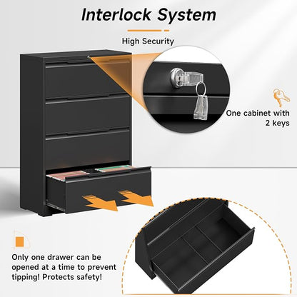 Bestoo 4 Drawer Lateral File Cabinet with Lock Heavy Duty Large Metal Filing Cabinet Home Office Cabinets Wide Steel Cabinets for Legal/Letter Size,Assembly Required Black