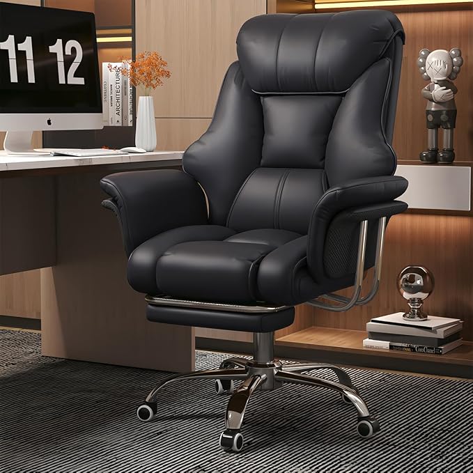 Big and Tall Office Chair 550 lbs Extra Wide Leather Executive Chair with Retractable Footrest, Heavy-Duty Ergonomic Chair, Adjustable Height Computer Gaming Chairs