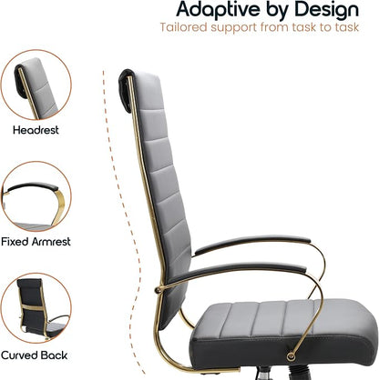 LeisureMod Modern High-Back Leather Office Chair - Swivel & Adjustable Executive Desk Chair with Gold Frame, Ergonomic Design for Home & Office (Black, Set of 8)