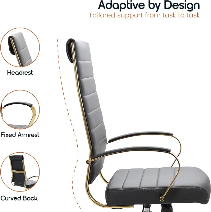 LeisureMod Modern High-Back Leather Office Chair - Swivel & Adjustable Executive Desk Chair with Gold Frame, Ergonomic Design for Home & Office (Black, Pallet (x30))