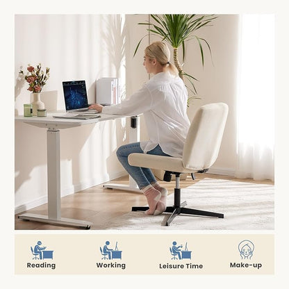 DUMOS Criss Cross Chair No Wheels Legged Office Wide Comfy Desk Vanity Chair, Armless Computer Task Seating, Swivel Home Height Adjustable for Bedroom, Study, Beige Fabric