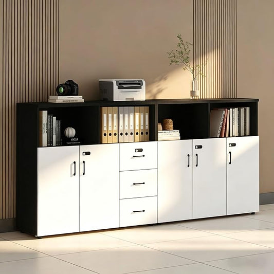 File Cabinet with Password Lock, Wood Lateral Filing Cabinet for Letter/A4 Files, 3 Drawer with Door, Printer Stand with Open Shelves for Home Office