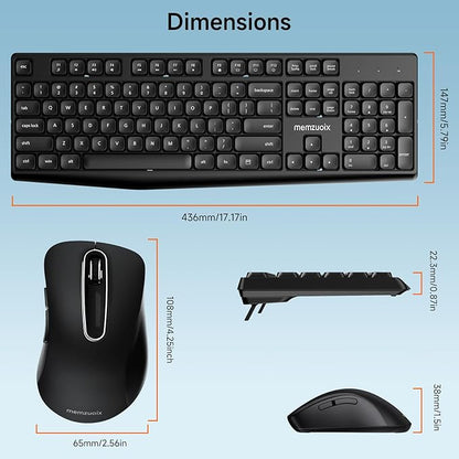 memzuoix Wireless Keyboard and Mouse Combo, 2.4G Full-Size Ergonomic Set with 1400 DPI Mouse, Lag-Free USB Receiver, 6-Month Battery Life for PC/Laptop/Windows/Mac (Black)