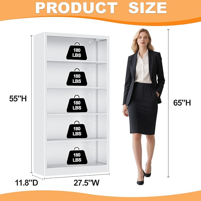 VASAAOSD White Bookshelf, 55” Adjustable Tall Metal Bookshelf, 5-Tier Wide Bookshelf with Anti-Tilt Device, Modern Book Cases and Book Shelves for Bedroom, Living Room, Playroom, Study