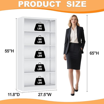 VASAAOSD White Bookshelf, 55” Adjustable Tall Metal Bookshelf, 5-Tier Wide Bookshelf with Anti-Tilt Device, Modern Book Cases and Book Shelves for Bedroom, Living Room, Playroom, Study