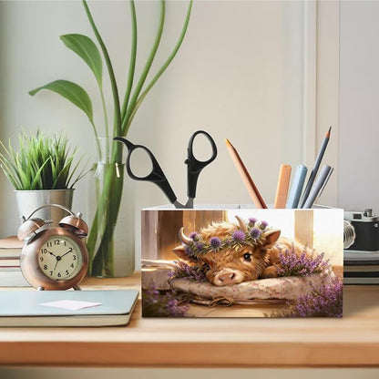 Spring Thistle Lavender Highland Cow Pen Holder for Desk, Highland Cow Gifts Wooden Box Sign Desk Decor for Home Office Decoration, Cottagecore Flower Heifer Pencil Organizer