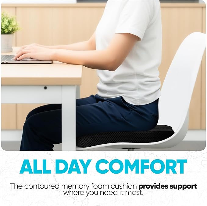 FORTEM Seat Cushion, Office Chair Cushion, Memory Foam Car Seat Cushions, Sciatica Coccyx Tailbone Pain Relief, Chair Cushions for Back Support, Sitting Pad for Gaming, Washable Cover, Non Slip