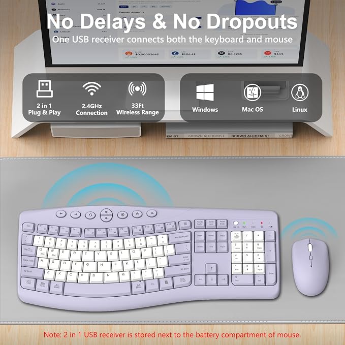 Wireless Keyboard and Mouse Combo, 2.4G Full Size Quiet Ergonomic Curved Keyboard for Natural Typing, 3-Level DPI Adjustable Silent Mouse for Windows, Mac OS, Desktop/Office and Home (Purple-B)