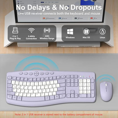 Wireless Keyboard and Mouse Combo, 2.4G Full Size Quiet Ergonomic Curved Keyboard for Natural Typing, 3-Level DPI Adjustable Silent Mouse for Windows, Mac OS, Desktop/Office and Home (Purple-B)