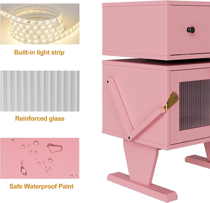 RoyalCraft Large Nightstand Set of 2 with LED Lighs, Pink End Table with 360°Rotating Drawer, Modern Bedside Table with Storage, Wood Night Stand for Bedroom, Home Office, Pink