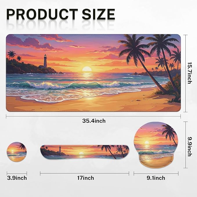 Britimes Beach Sunset Keyboard Mouse Pad Set Tropical Coastal 4in1 Large Mousepad+Keyboard Wrist Rest+Mouse Wrist Rest+Coaster Ergonomic Design for Home Office Computer 35.4x15.7 inches