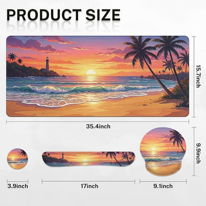 Britimes Beach Sunset Keyboard Mouse Pad Set Tropical Coastal 4in1 Large Mousepad+Keyboard Wrist Rest+Mouse Wrist Rest+Coaster Ergonomic Design for Home Office Computer 35.4x15.7 inches
